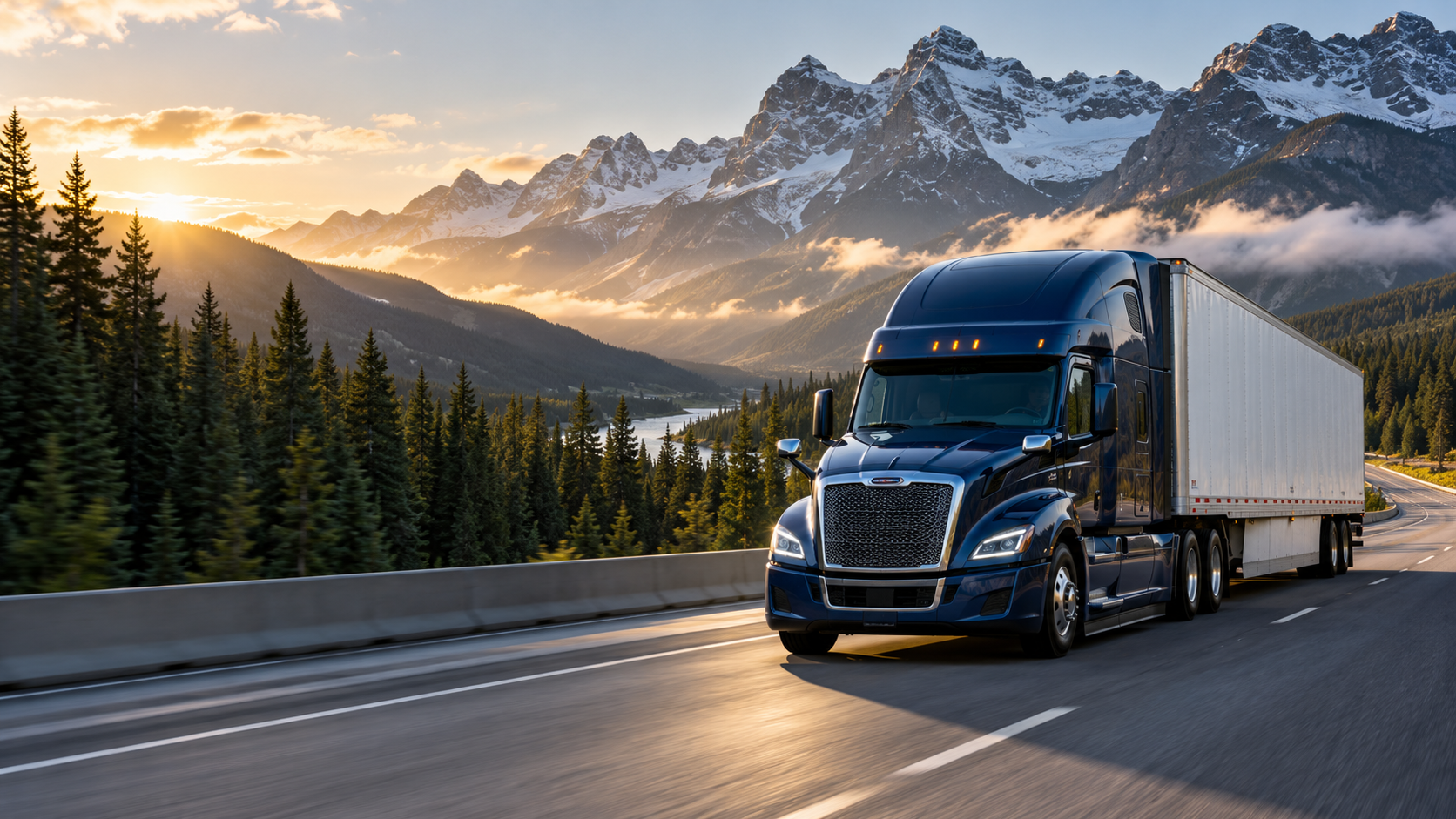Illustrative blue tractor-trailer traveling through a mountain landscape